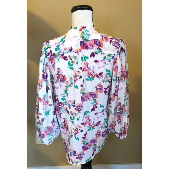 Saloni white lilac green floral print silk Chloe blouse - Picture 5 of 6